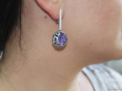 Long Dangle Earrings Sterling Silver 925 with Large Blue Cubic Zirconia Stone