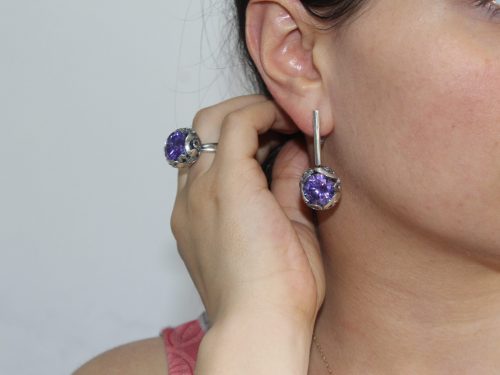 Long Dangle Earrings Sterling Silver 925 with Large Blue Cubic Zirconia Stone