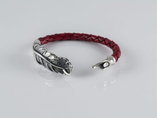 Cuff Bracelet Feather For Women Sterling Silver 925 and Genuine Leather
