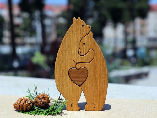 wooden bear family with heart puzzle