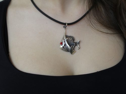Large Fish Pendant Sterling Silver 925 with Red Coral
