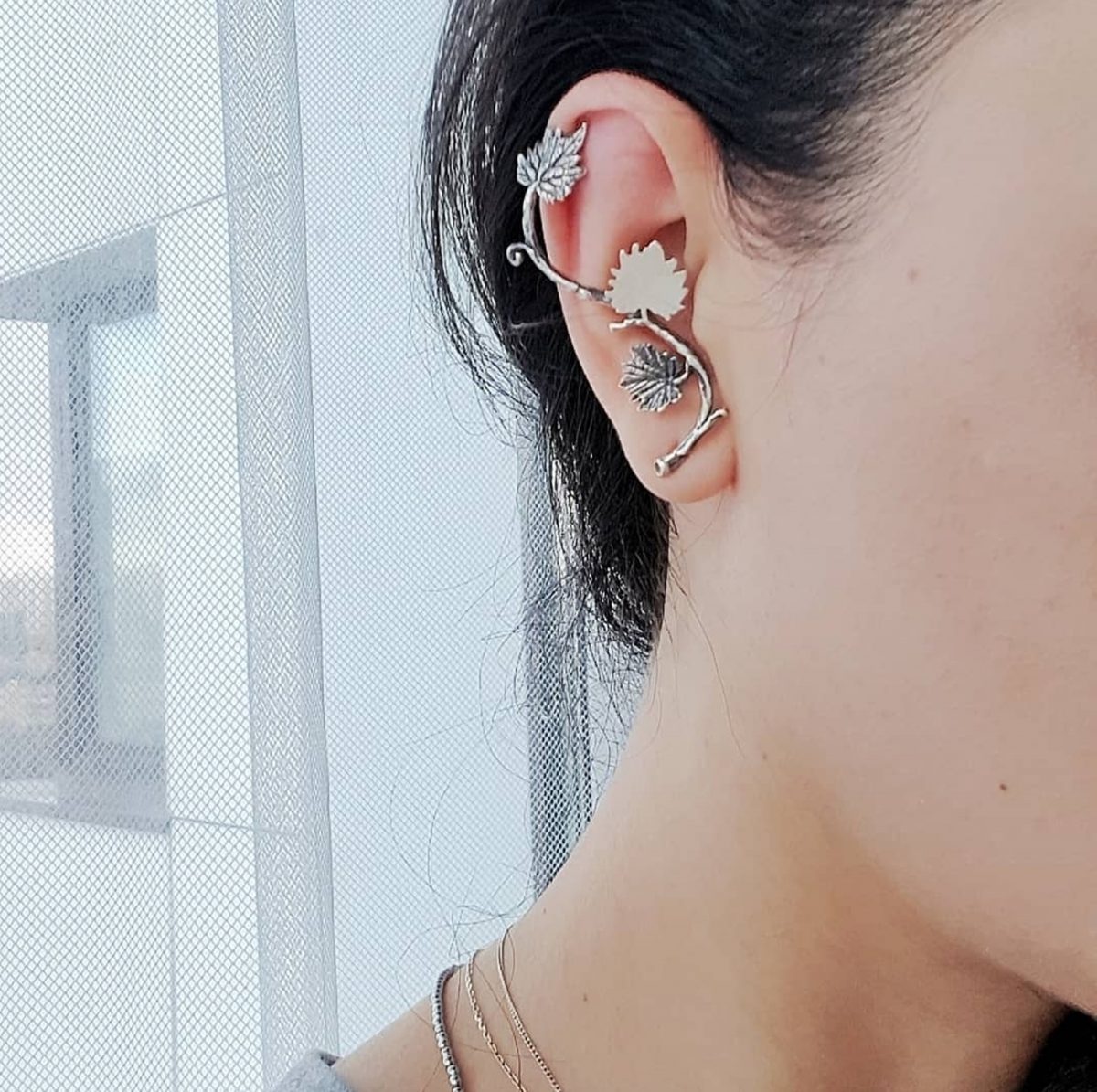 Cartilage Studs Earrings Leaves Sterling Silver 925
