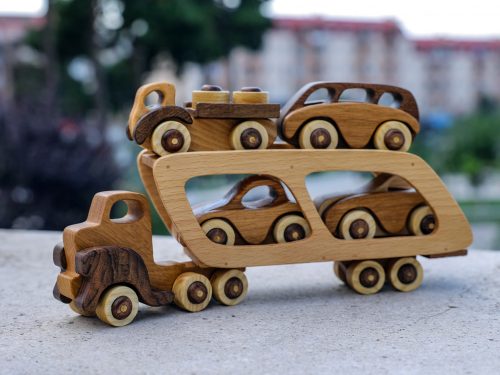 Wooden Toy Car Carrier Truck with 4 car, Wood Montessori toy car