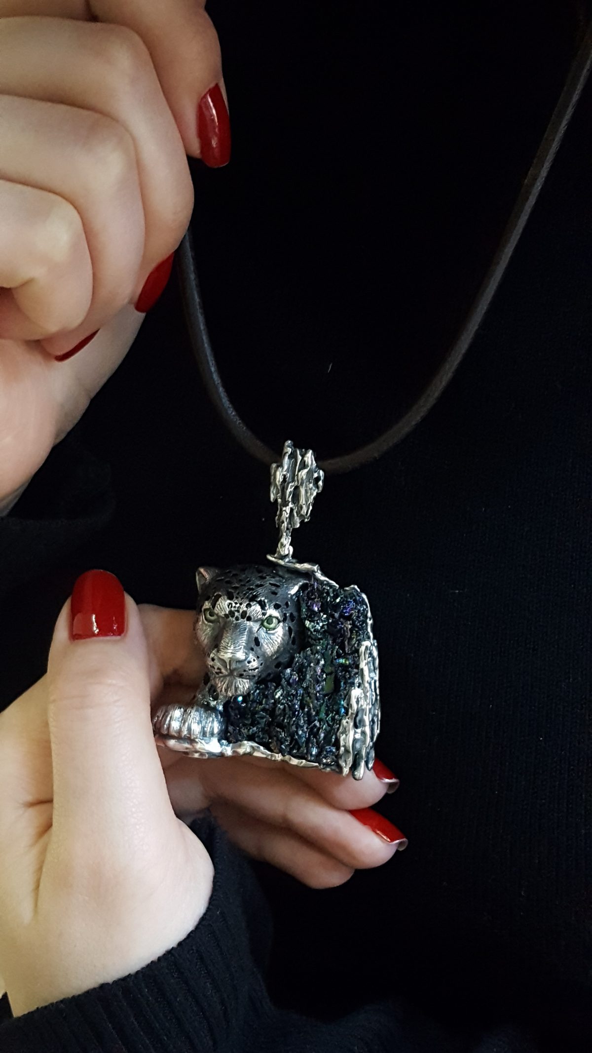 Silver Leopard Pendant with Druzy Rainbow Carborundum