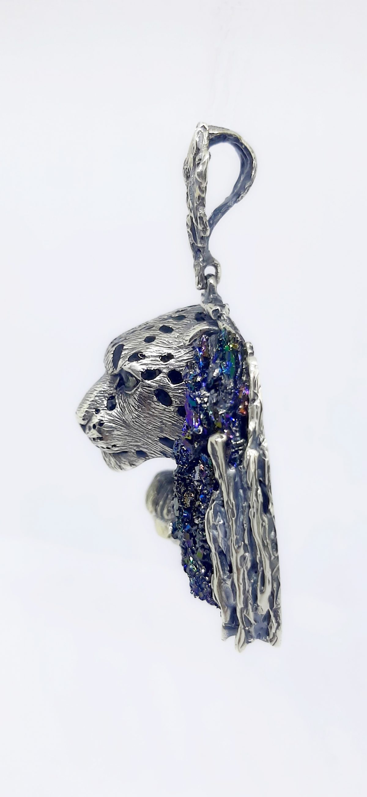Silver Leopard Pendant with Druzy Rainbow Carborundum
