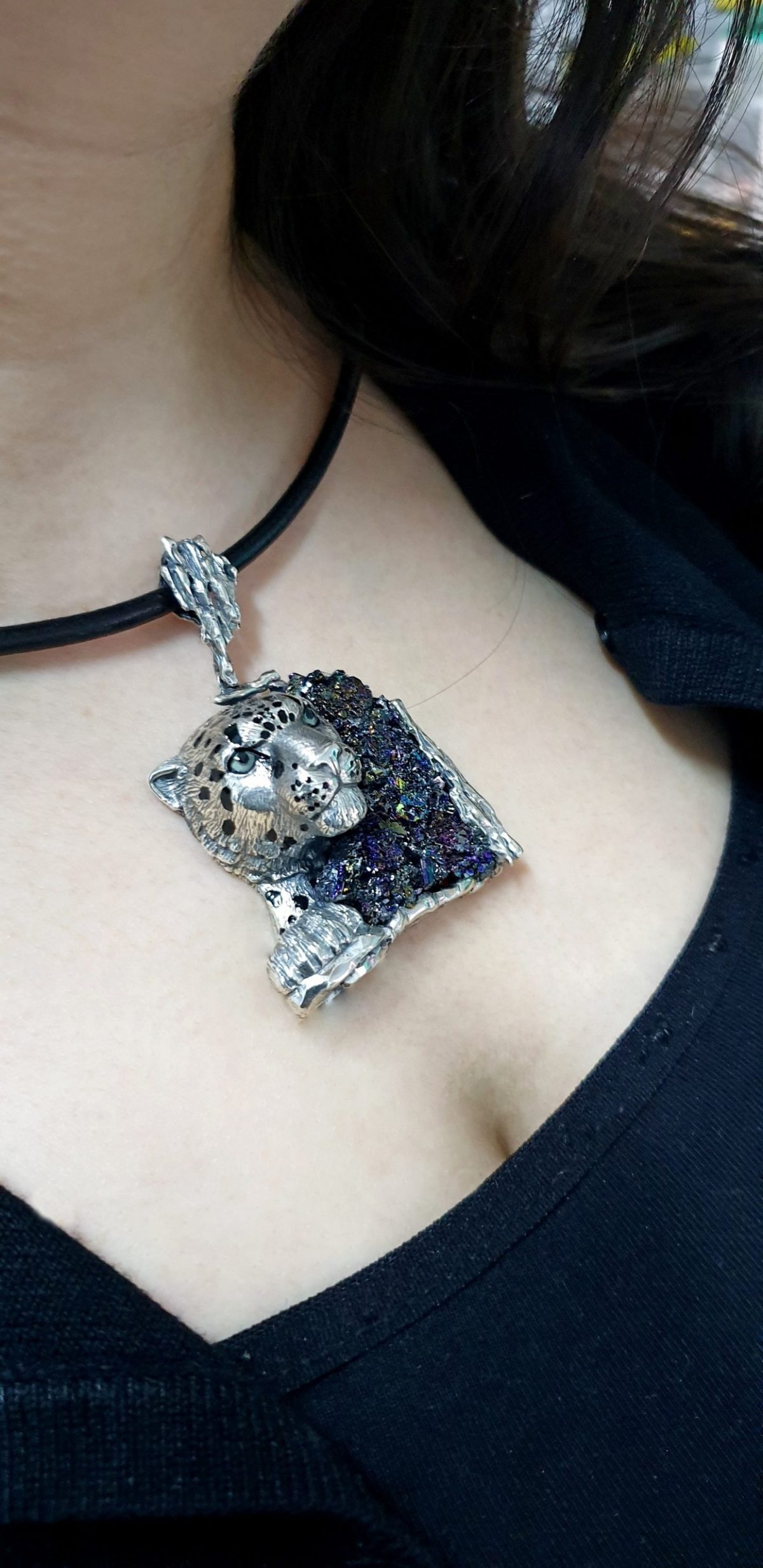 Silver Leopard Pendant with Druzy Rainbow Carborundum