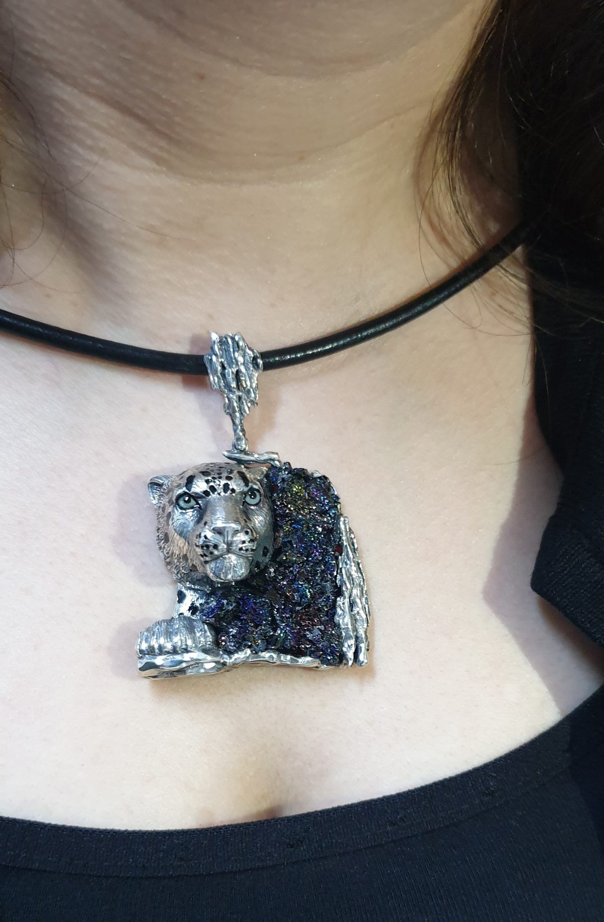Silver Leopard Pendant with Druzy Rainbow Carborundum