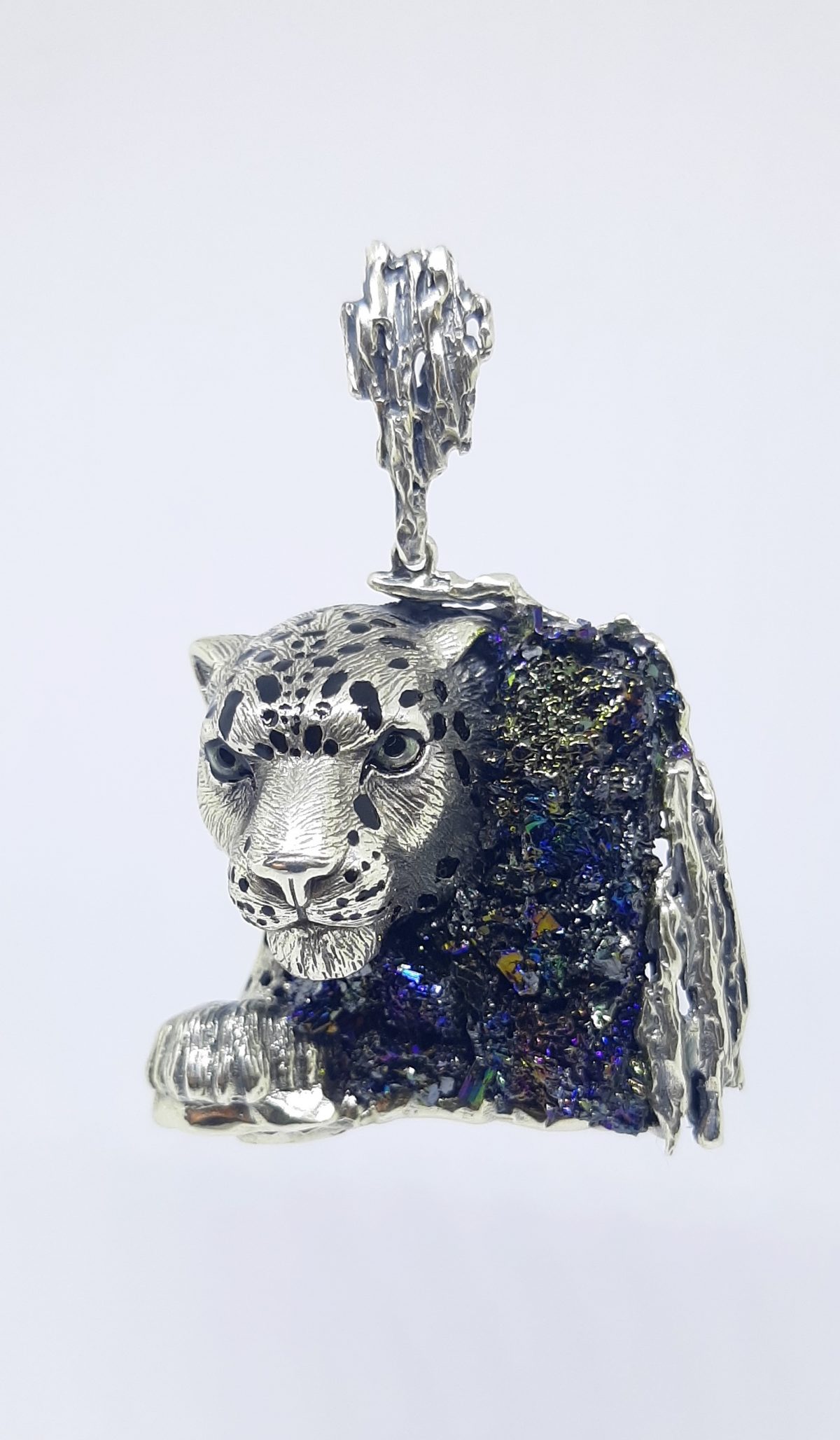 Silver Leopard Pendant with Druzy Rainbow Carborundum