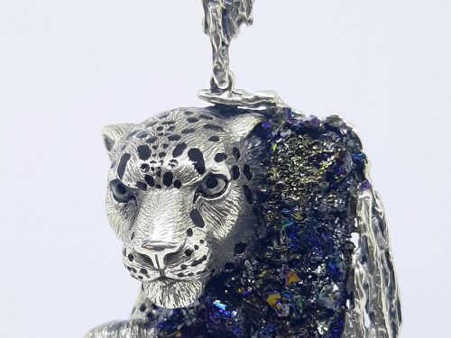 Silver Leopard Pendant with Druzy Rainbow Carborundum
