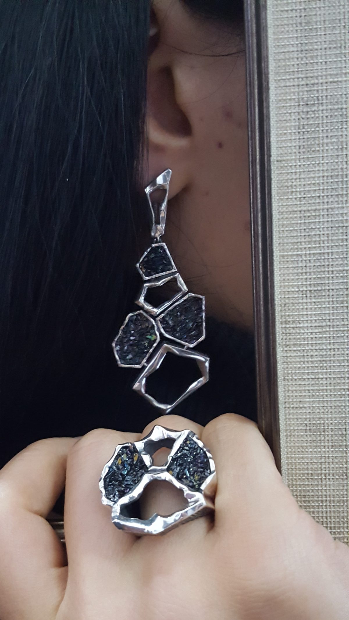 Large Ring Sterling Silver 925 with Druzy Rainbow Carborundum