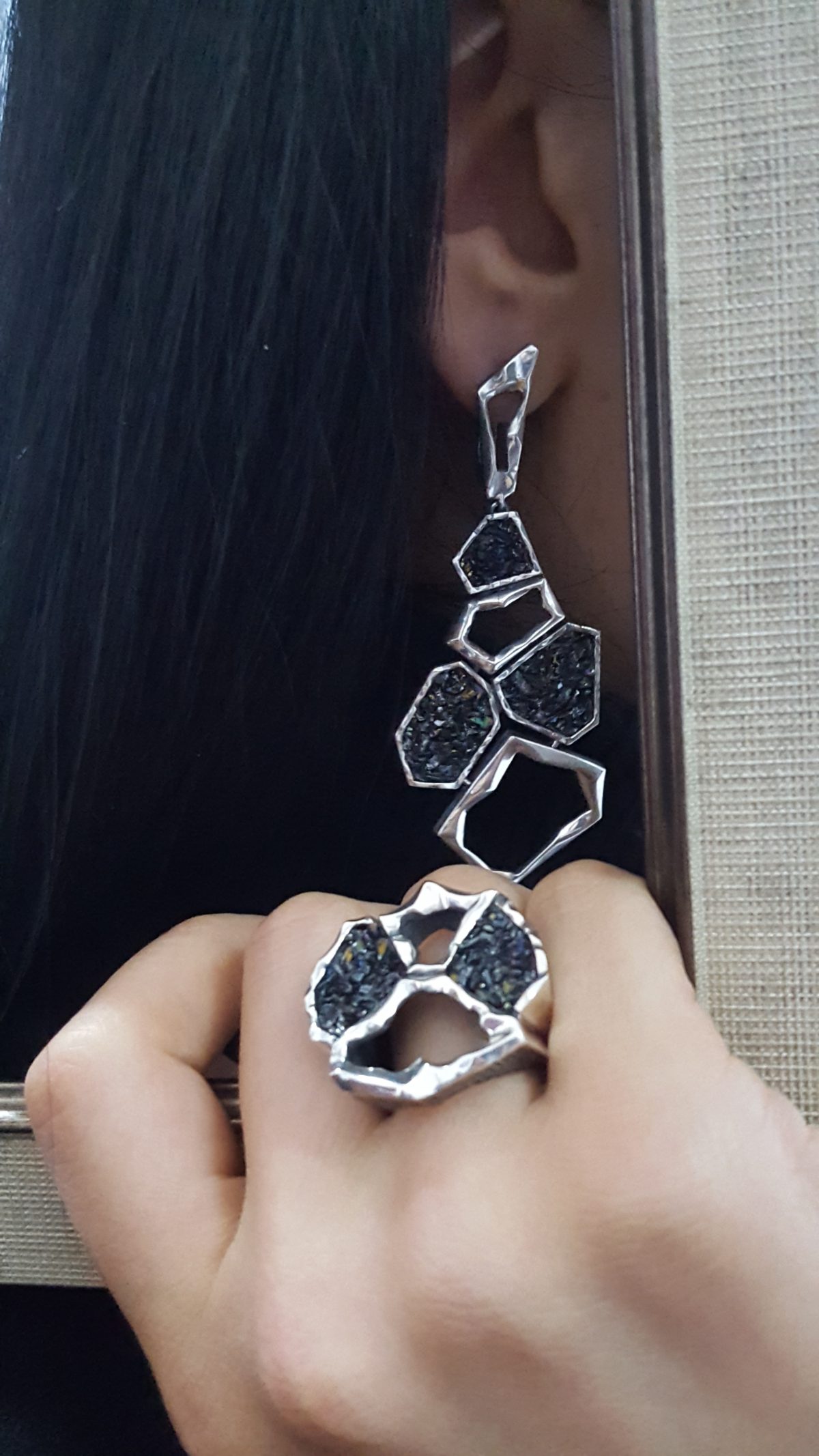 Long Dangle Earrings Sterling Silver 925 with Druzy Rainbow Carborundum