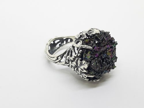 Silver Large Ring Grapes with Druzy Rainbow Carborundum