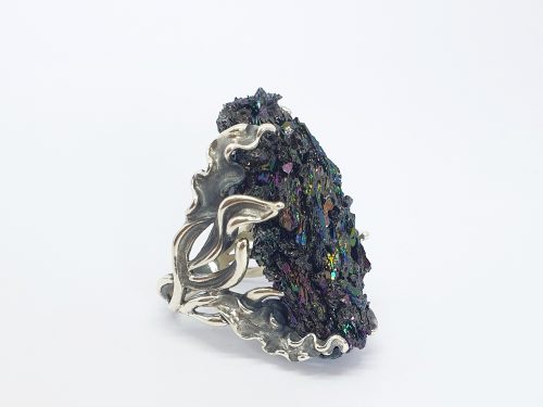 Huge Ring Grape Sterling Silver 925 with Druzy Rainbow Carborundum