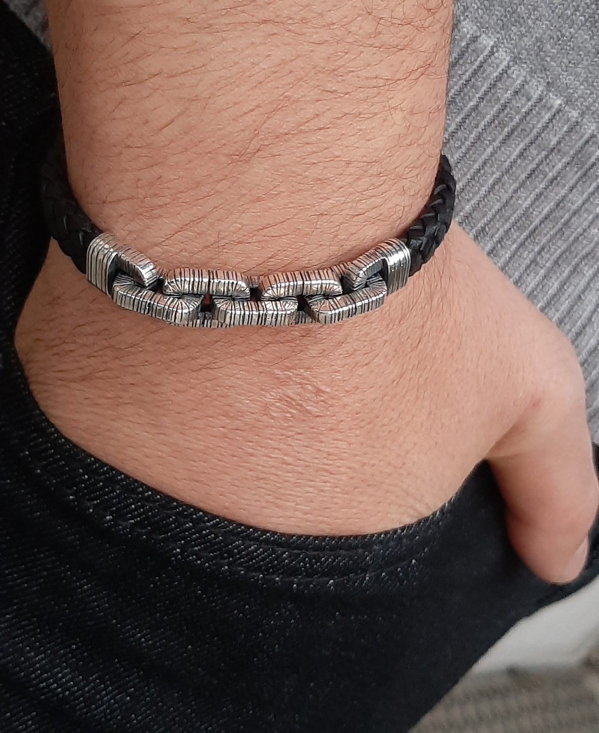 Genuine Leather Bracelet For Men with Chain Sterling Silver 925