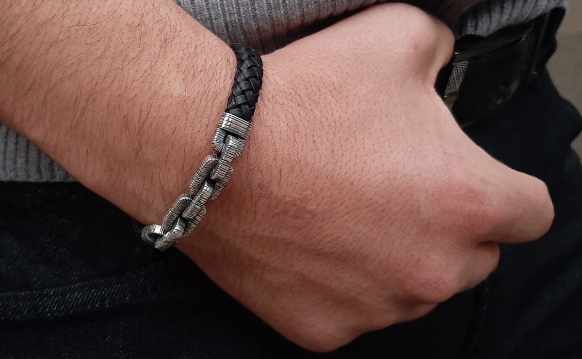 Genuine Leather Bracelet For Men with Chain Sterling Silver 925