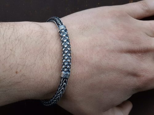 Woven Bracelet For Men Sterling Silver 925 with Black Spinels