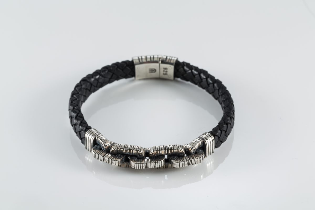 Genuine Leather Bracelet For Men with Chain Sterling Silver 925
