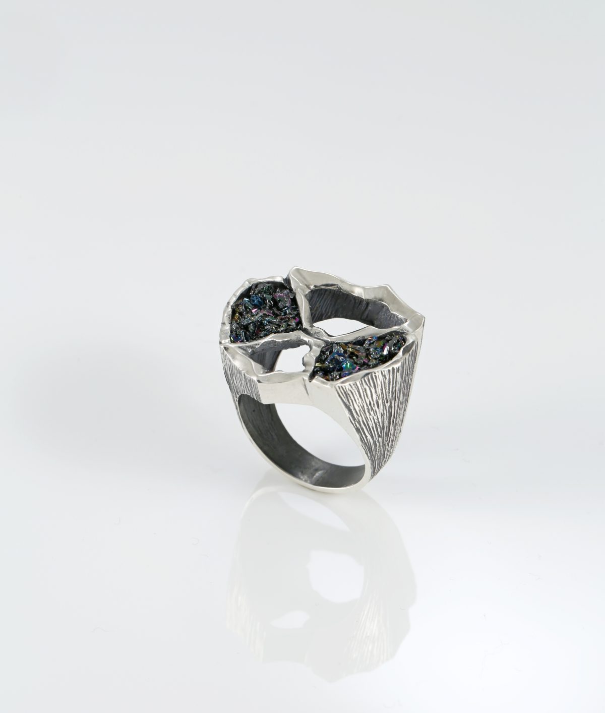 Large Ring Sterling Silver 925 with Druzy Rainbow Carborundum
