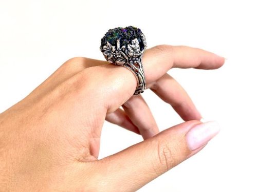 Silver Large Ring Grapes with Druzy Rainbow Carborundum