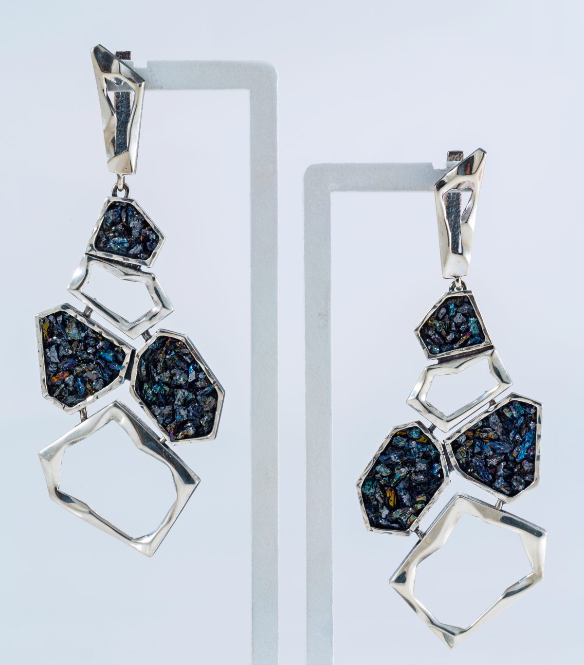 Long Dangle Earrings Sterling Silver 925 with Druzy Rainbow Carborundum