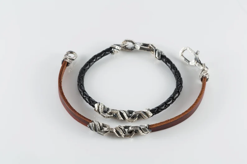 Genuine Leather Bracelet For Men Sterling Silver 925, Elegant Brutalist Bracelet