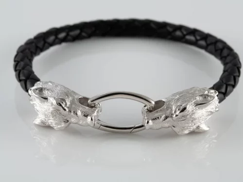 Cuff Bracelet Wolves For Men Sterling Silver 925 and Leather