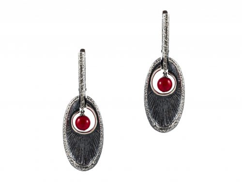 Red Coral Long Earrings Sterling Silver 925, Set with Ring