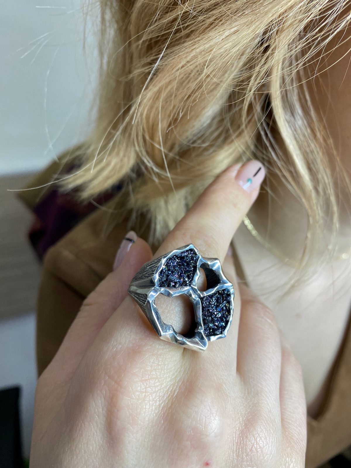 Large Ring Sterling Silver 925 with Druzy Rainbow Carborundum