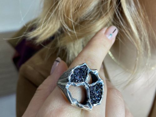 Large Ring Sterling Silver 925 with Druzy Rainbow Carborundum