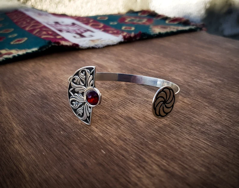 Silver Bangle Cuff Bracelet with Armenian Ornament and Wheel of Eternity.