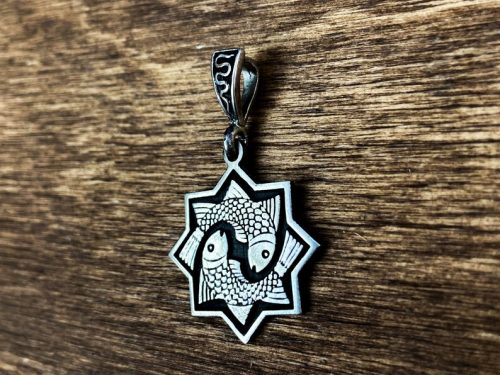 Silver Pendant Zodiac Pisces Octagon Eight pointed Star Sterling Silver 925