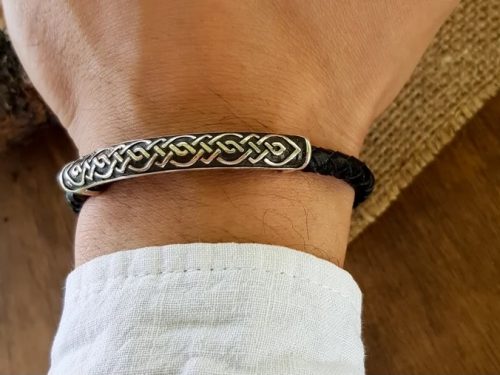 Handmade Leather Bracelet for Men, Sterling Silver 925 Bar
