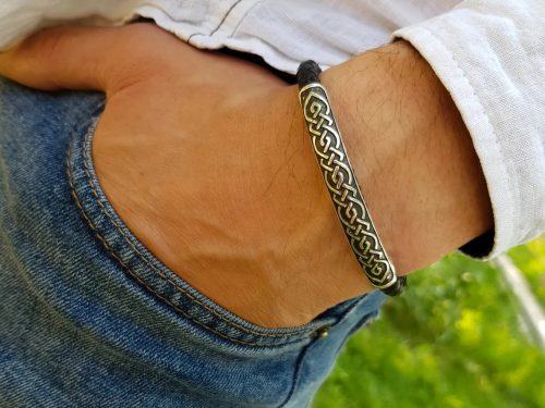 Handmade Leather Bracelet for Men, Sterling Silver 925 Bar