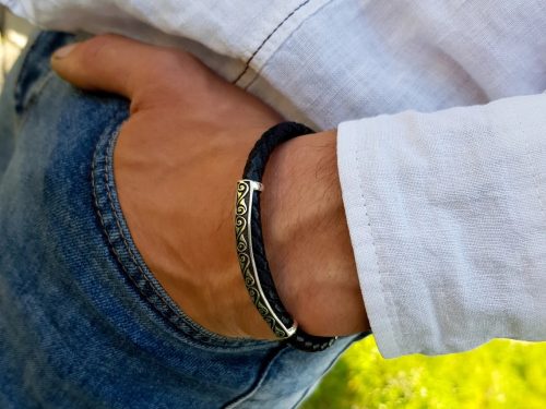Men's Leather Bracelet and Silver Bar