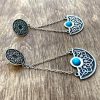 Long Silver Drop Earrings with Turquoise, Antique Style