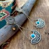 Long Silver Drop Earrings with Turquoise, Antique Style