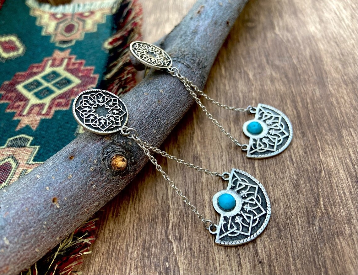 Long Silver Drop Earrings with Turquoise, Antique Style