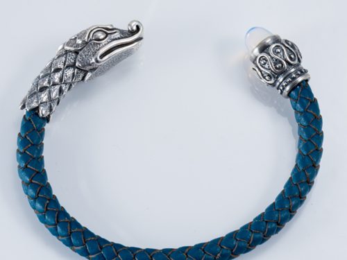 Men's Cuff Bracelet Dragon Sterling Silver 925 and Genuine Leather