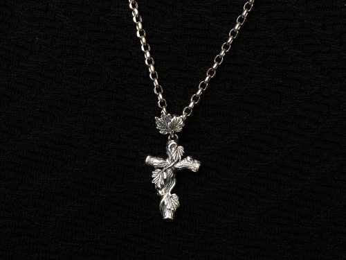 Silver Cross with Leaves, Silver Cross Pendant, Religious Gift