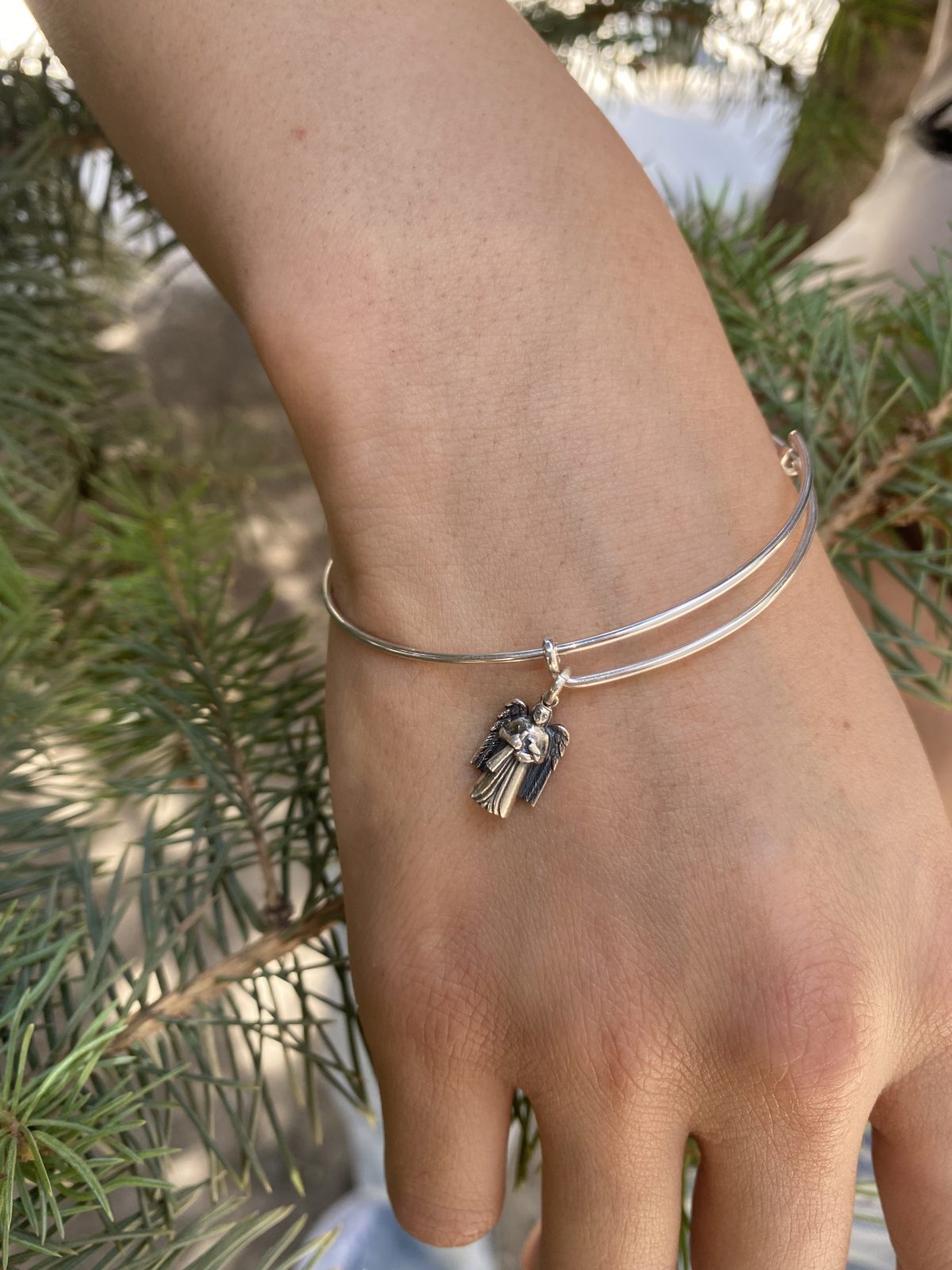 Silver Bangle Bracelet with Charms, Angel Charm Rigid Bracelet Sterling Silver 925