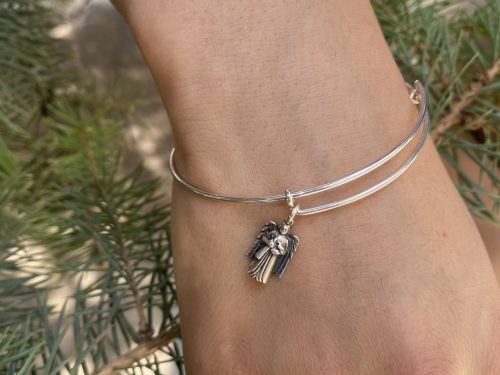 Silver Bangle Bracelet with Charms, Angel Charm Rigid Bracelet Sterling Silver 925