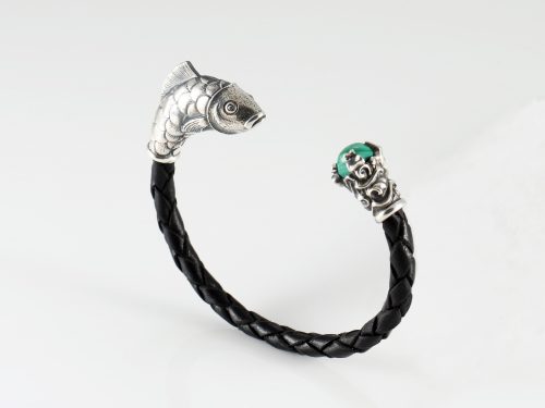 Men's Cuff Bracelet Fish Sterling Silver 925 and Genuine Leather
