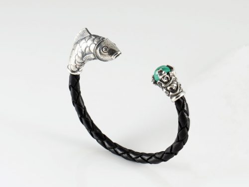 Men's Cuff Bracelet Fish Sterling Silver 925 and Genuine Leather