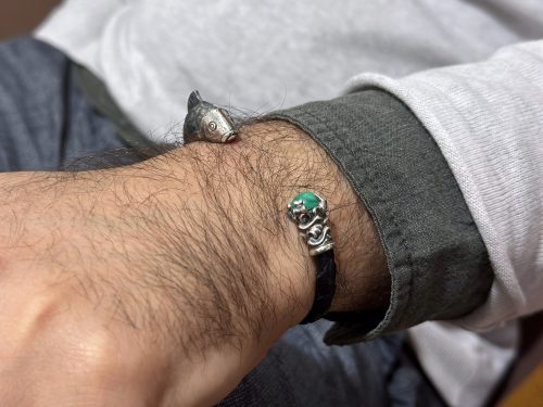 Men's Cuff Bracelet Fish Sterling Silver 925 and Genuine Leather