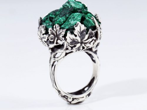 Malachite Silver Ring, Large Ring Grapes Genuine Green Malachite Gemstone Set with Pendant