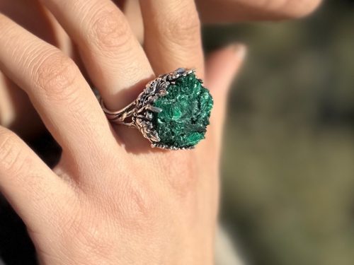 Malachite Silver Ring, Large Ring Grapes Genuine Green Malachite Gemstone Set with Pendant