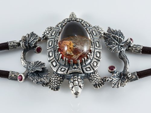 Exclusive Turtle Bracelet Sterling Silver 925 with Natural Quartz and Tourmaline, Leather Bracelet