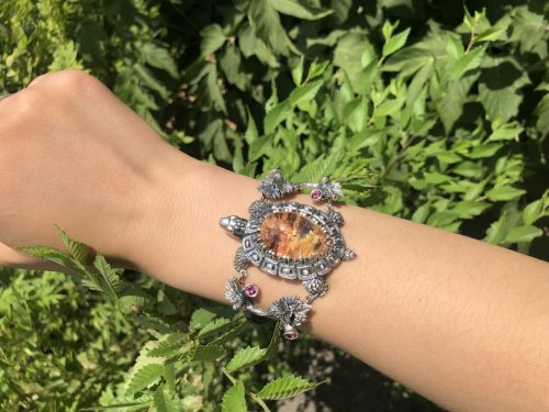 Exclusive Turtle Bracelet Sterling Silver 925 with Natural Quartz and Tourmaline, Leather Bracelet