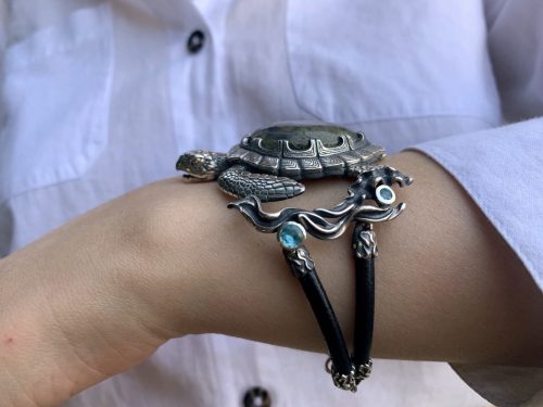 Sea Turtle Statement Bracelet Sterling Silver 925, Moss Agate, Blue Topaz Stone, Turtle Jewelry, Ocean bracelet