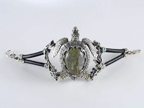 Sea Turtle Statement Bracelet Sterling Silver 925, Moss Agate, Blue Topaz Stone, Turtle Jewelry, Ocean bracelet